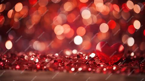 Premium Photo | Red heart on red glitter background with blurred lights