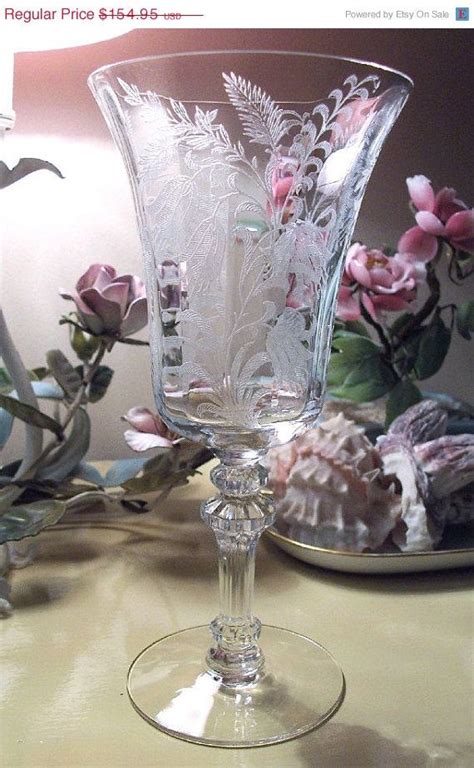 Set Of Six Vintage Etched Tiffin Crystal Water Goblets Fuchsia