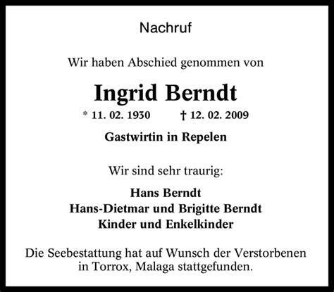 Traueranzeigen Von Ingrid Berndt Trauer In NRW De