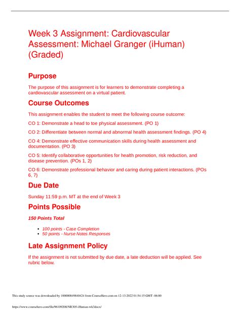 NR 305 Week 3 Assignment Cardiovascular Assessment Michael Granger