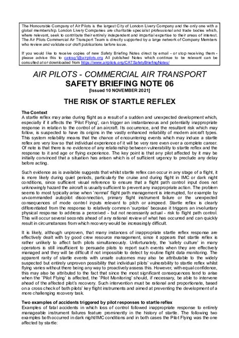 Air Pilots Commercial Air Transport Safety Briefing Note The Risk