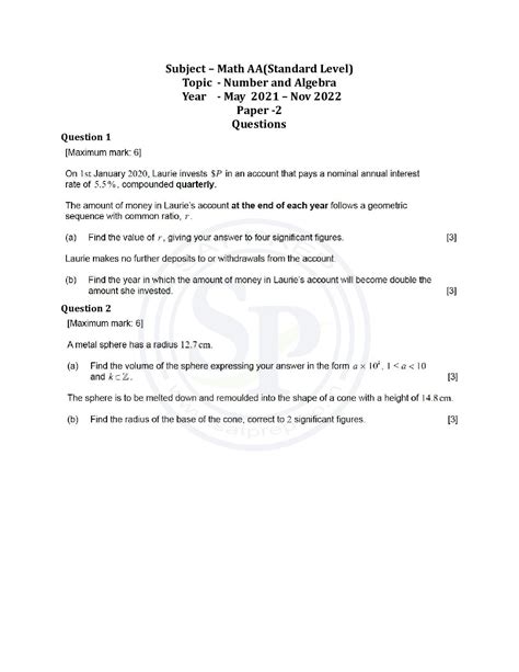 Topic Wise Ibdp Math Aa Sl Past Paper 2 Number And Algebra Sat Prep