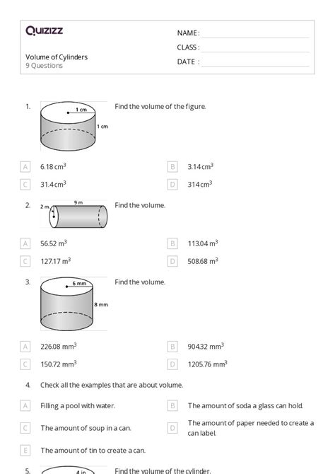 50 Cylinders Worksheets For 6th Grade On Quizizz Free Printable