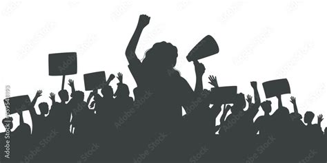 Silhouette Of Protesting Crowd Of People With Raised Hands And Banners