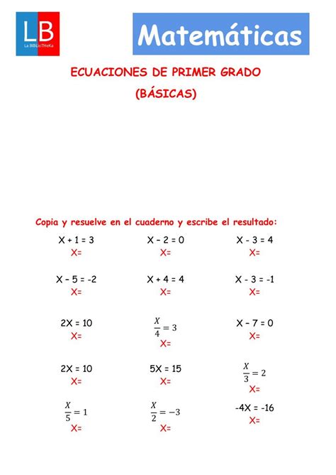 Ejercicio De Ecuaciones De Primer Grado Basicas En 2021 Ecuaciones