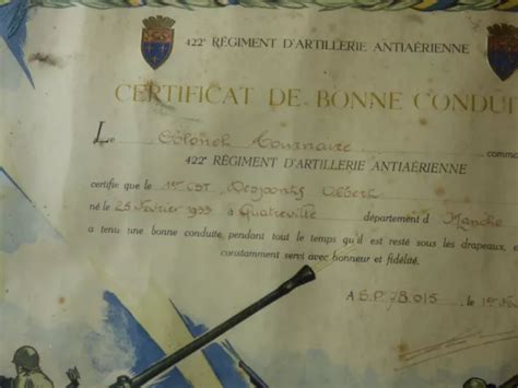 Ancien Certificat De Bonne Conduite E R Giment D Artillerie