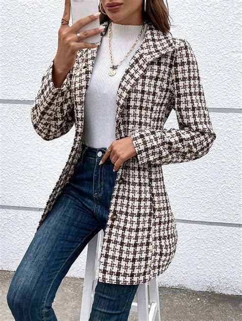 Plaid Print Button Front Overcoat Shein Usa