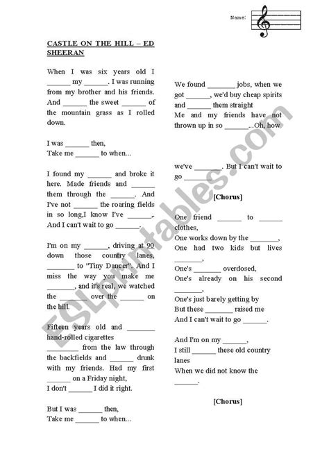 Castle on the hill - ed sheeran - ESL worksheet by jennygm93