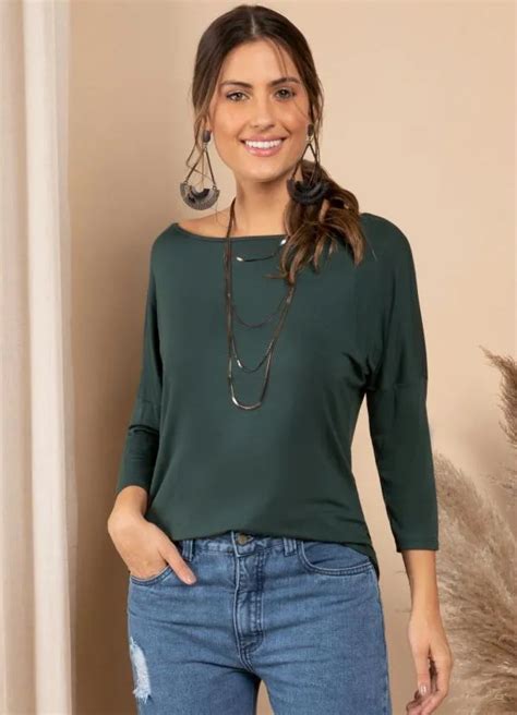 Blusa Verde Militar Com Mangas 3 4 Quintess