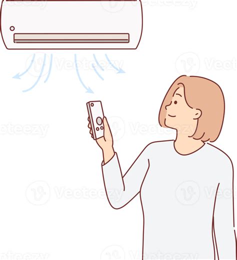 Woman Stands Under Air Conditioner And Uses Remote Control To Switch