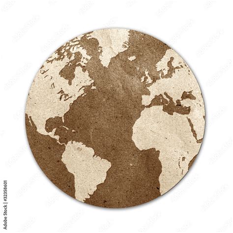 world map recycled paper craft stick on white background Stock ...