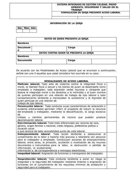 Formato Queja Presunto Acoso Laboral SISTEMA INTEGRADO DE GESTIÓN