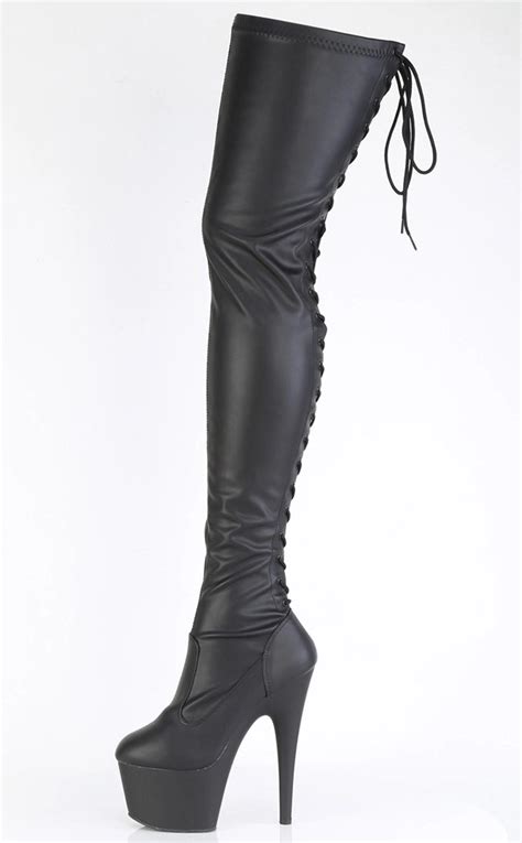 Adore 3850 Black Vegan Leather Lace Up Back Thigh High Boots