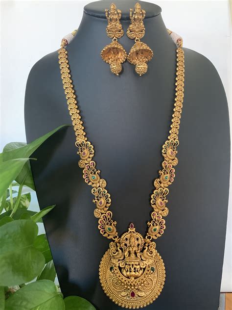 Antique Gold Finished Lakshmi Devi And Peacock Haram Goddess Lakshmi