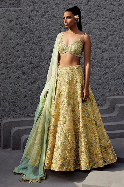 Buy Gold Silk Embroidered 3d Sequins V Neck Floral Lehenga Set For