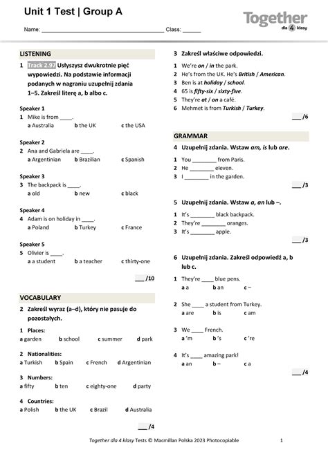 Together Kl4 U1 Unit Test Standard A Together Dla 4 Klasy Tests