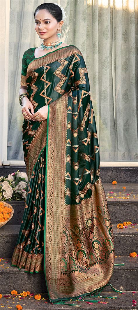 Reception Traditional Wedding Green Color Silk Fabric Saree 1951969