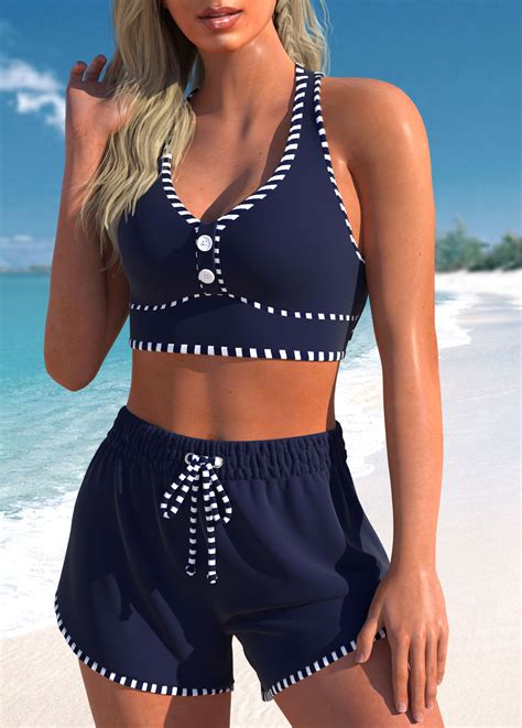 Criss Cross High Waisted Striped Navy Bikini Set Modlily USD 36 98