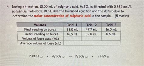 Solved 4. During a titration, 10.00 mL of sulphuric acid, | Chegg.com