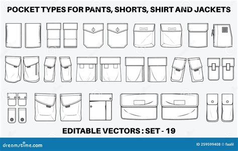 Patch Pocket Flat Sketch Vector Illustration Set Different Types Of