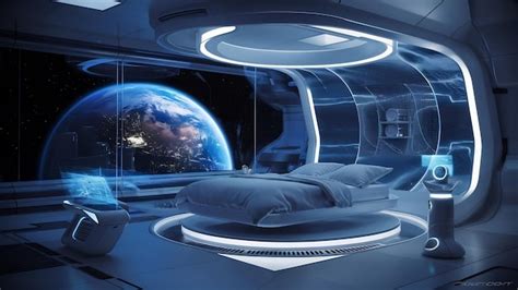 Futuristic Science Fiction Bedroom Interior With Planet Earth View In