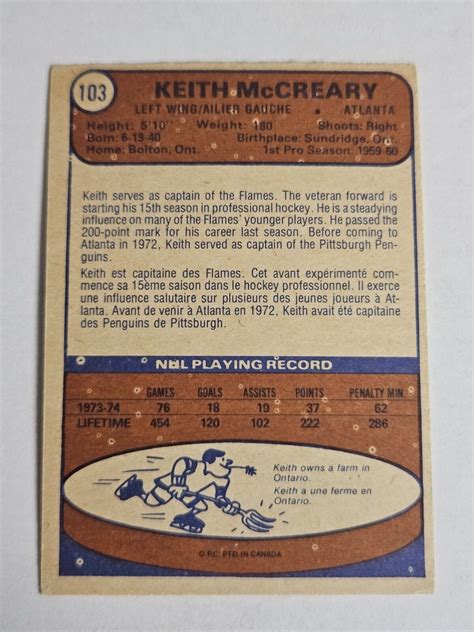 1974 75 O PEE CHEE NHL HOCKEY 103 KEITH MCCREARY ATLANTA FLAMES C EBay