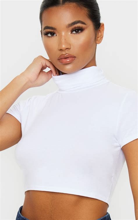 Basic White Jersey High Neck Crop Top Tops Prettylittlething Aus