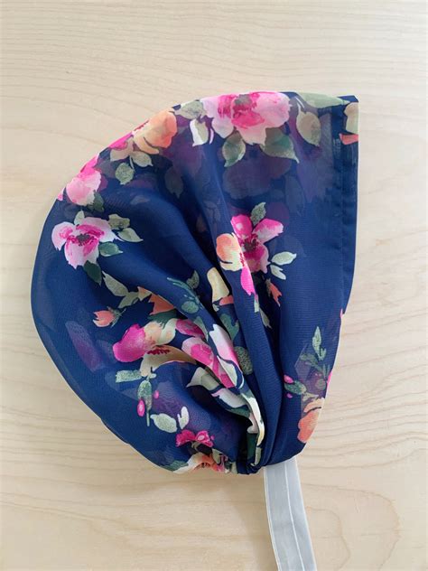 Elastic Back Navy And Pink Floral Chiffon Snood Headcovering Tichel