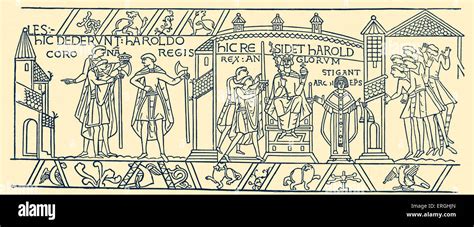 Bayeux Tapestry: Coronation of Harold II, 1066. 19th century illustration. H: Harold II, also ...