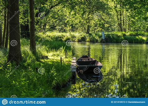 Water Canal With Old Boat In The Biosphere Reserve Spree Forest