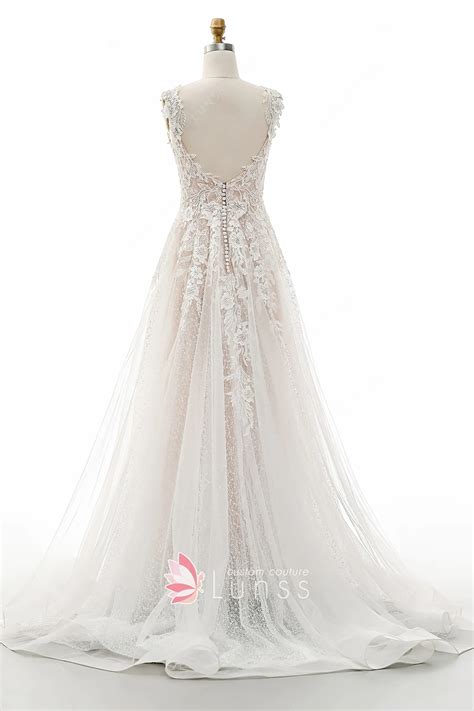 Sequin Lace Tulle Nude Pink Destination Wedding Dress Lunss