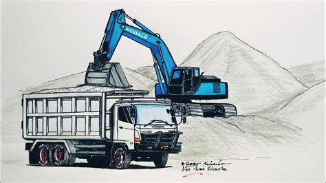 Excavator Dump Truck Digging Limestone On Road Construction Kobelco