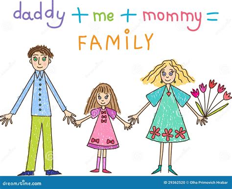 Kids Drawing. Family: Mother, Father And Daughter Stock Vector ...