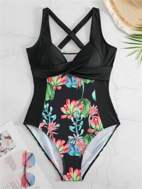 Tropical Print Twist Front Push Up One Piece Swimsuit SHEIN USA