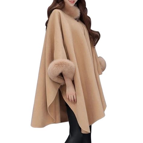 Fashion Faux Fox Fur Collar Poncho Coats Capes Women Winter Warm Wool Cloak Cape Ladies Batwing