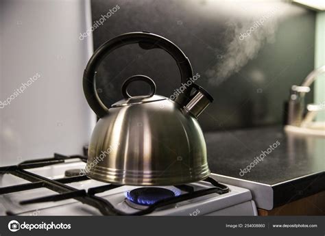 Kettle Boiling Water Kettle Boils Gas Stove Kettle Whistles Gas Stock