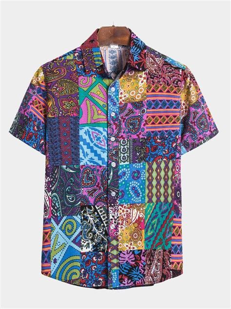 Mens Geometric Casual Cotton Shirts Men Printed Cotton Shirts