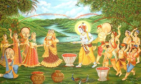 Krishna, Radha and Companions Play Holi | Exotic India Art