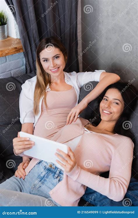 Happy Lesbian Couple Watching Movie On Stock Image Image Of Lesbian