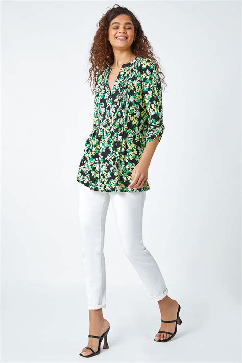 Green Floral Print Pintuck Stretch Top Roman Uk