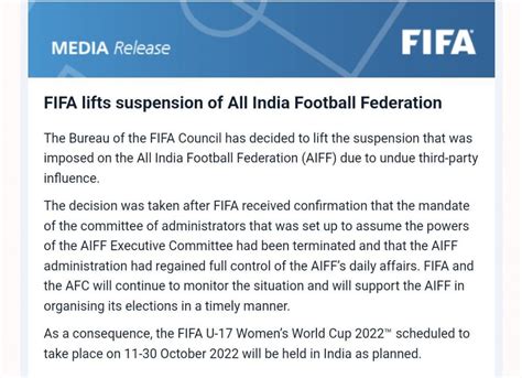 FIFA Lifts India S Suspension Doubts Over U 17 Women S World Cup In