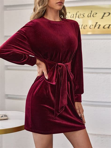 Shein Bae Drop Shoulder Belted Velvet Dress Shein Usa