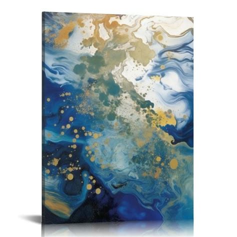 Nawypu Ocean Abstract Canvas Art Blue Picture Gold Teal Painting Crashing Waves Artwork Wall