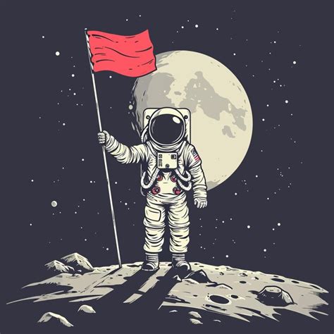 Astronauta de pé segurando bandeira na ilustração da lua vetor