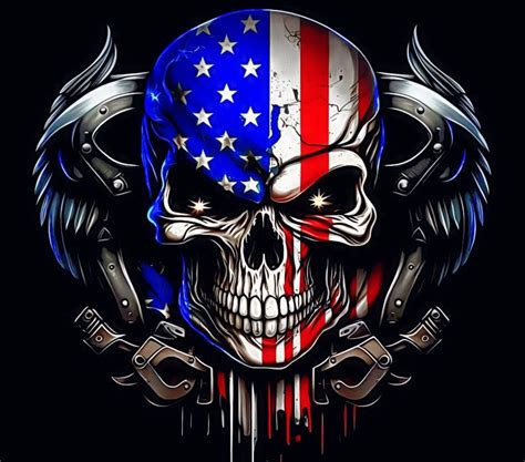 Colorful Skull Art With American Flag And Wings