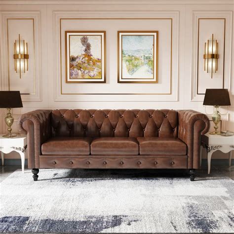 Rolled Arm Faux Leather Chesterfield Sofa With Removable Cushions