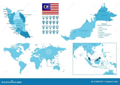 Malasia Detallado Administrativo Mapa Azul Con La Bandera Del País Y La