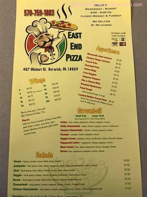 Online Menu Of East End Pizzeria Restaurant Berwick Pennsylvania