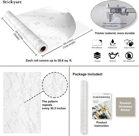 Stickyart Papel de contacto de mármol blanco grueso de 24 x 160