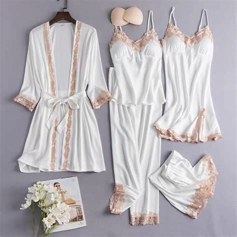 In Set Silk Sleepwear Women Lace Lingerie Bridal Wedding Pajama Long Sleeve Sexy Robe